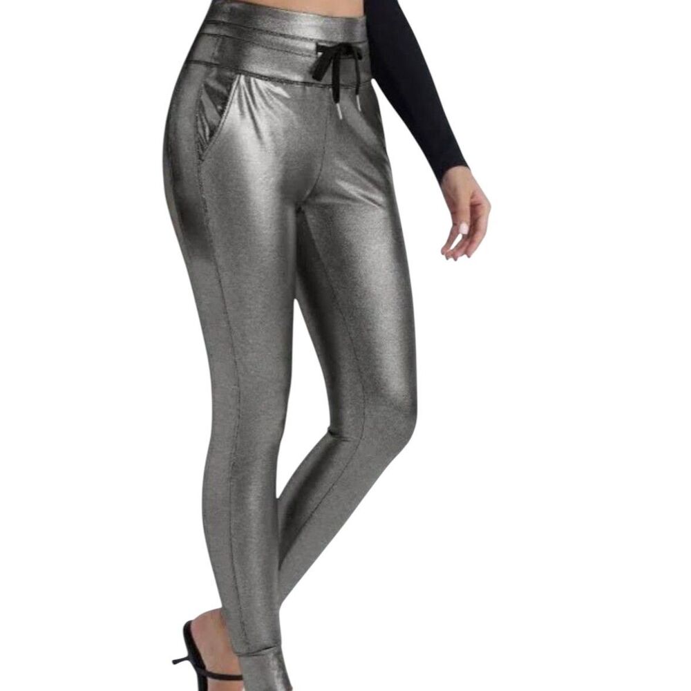 Halara Silver Black Liquid Shine Side Pocket Slim Fit Jogger Pants Size XL